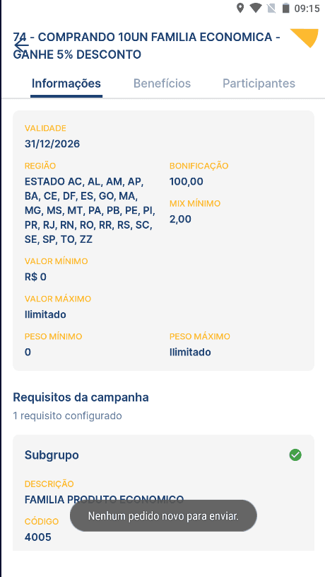 Detalhes da campanha com requisitos no aplicativo AFV