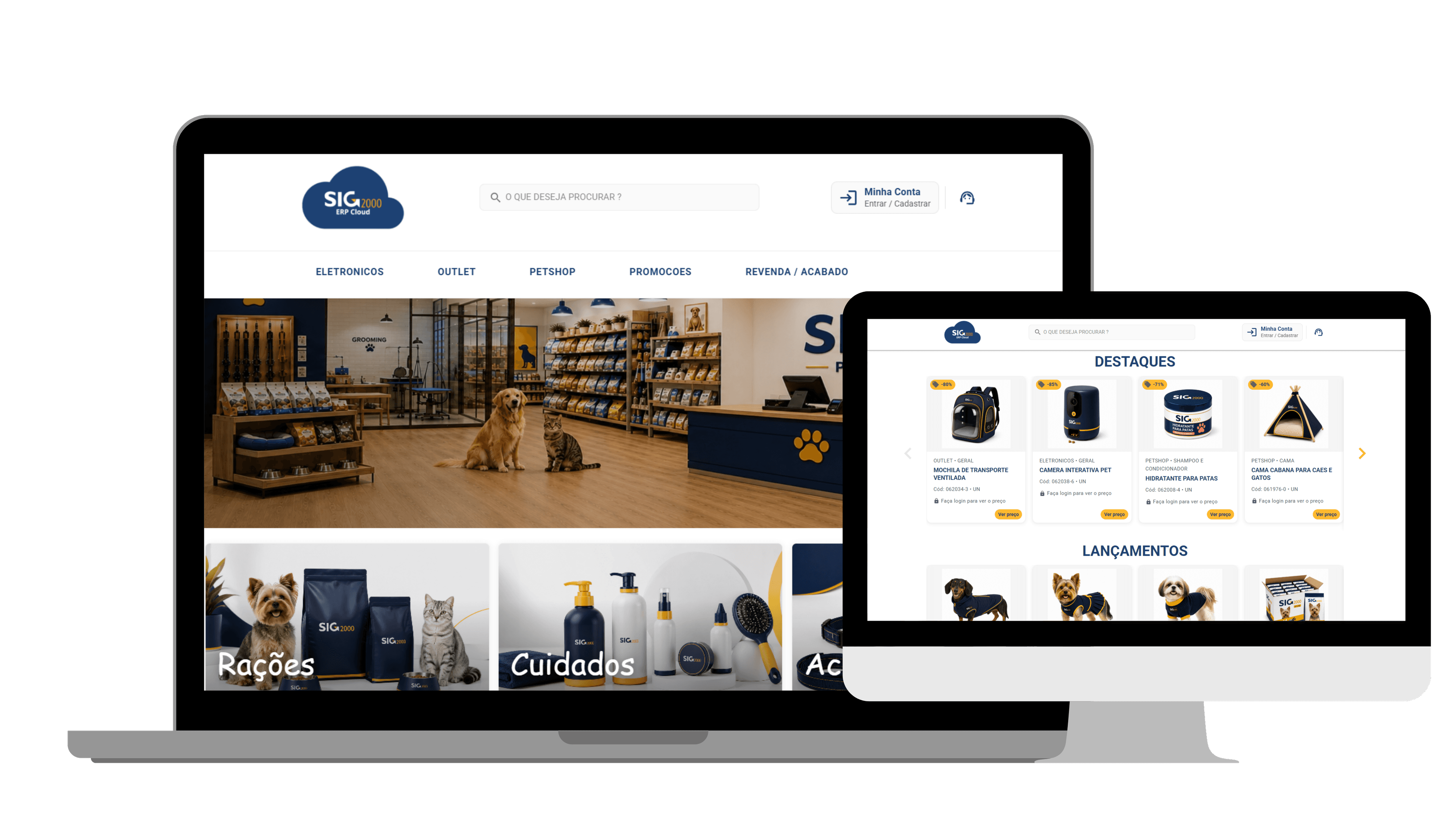 Pedido Web da SIG 2000 em notebook e monitor: vitrine digital B2B com catálogo sincronizado ao ERP